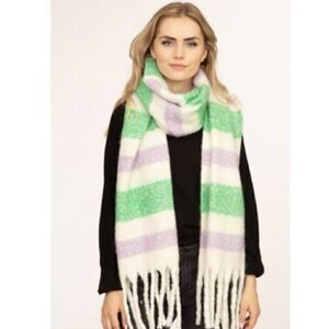 Green Purple Scarf Winter Green Fringed Striped BIG 84"Lx14"W